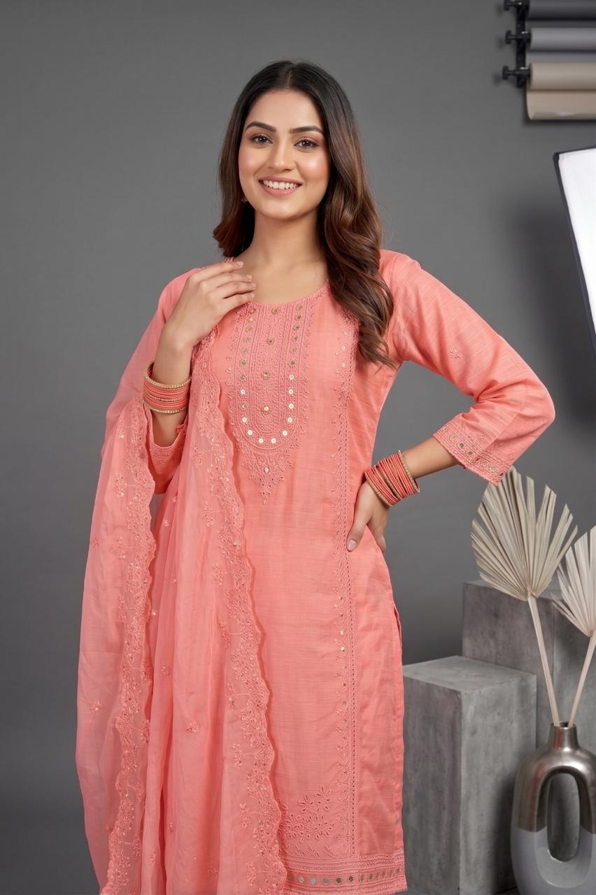 Pehnavaa Women Embroidered Cotton Slub 3-Piece Suit – Luxury Festive Wear