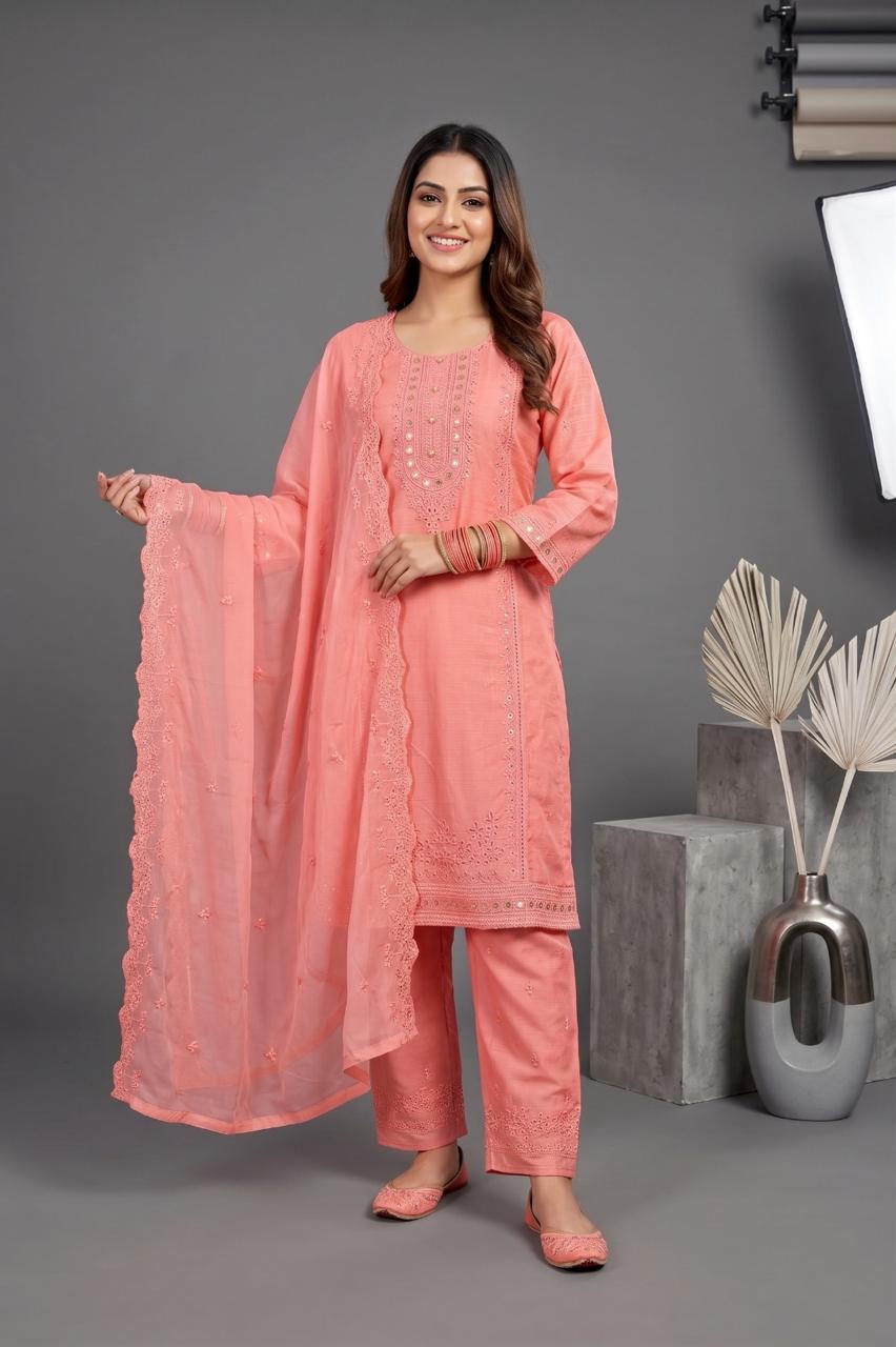 Pehnavaa Women Embroidered Cotton Slub 3-Piece Suit – Luxury Festive Wear