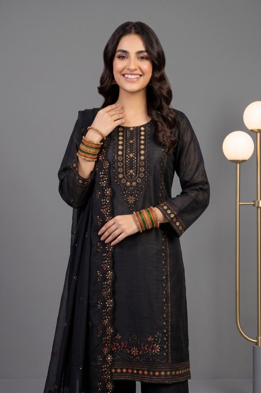 Pehnavaa Women Embroidered Cotton Slub 3-Piece Suit – Luxury Festive Wear
