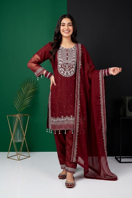 Pehnavaa Women's Fancy Crinkle Chiffon 3-Piece Suit – Luxury Embroidered Festive Collection
