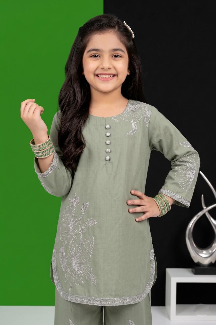 Pehnavaa Girls' Luxury Heavy Embroidered Cotton 2-Piece Suit – Festive Palazzo Set