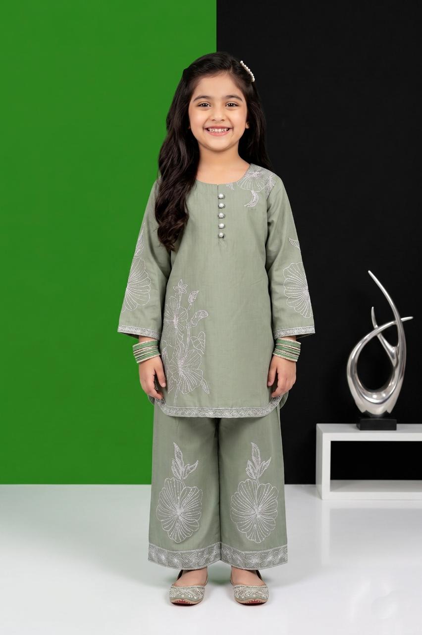 Pehnavaa Girls' Luxury Heavy Embroidered Cotton 2-Piece Suit – Festive Palazzo Set