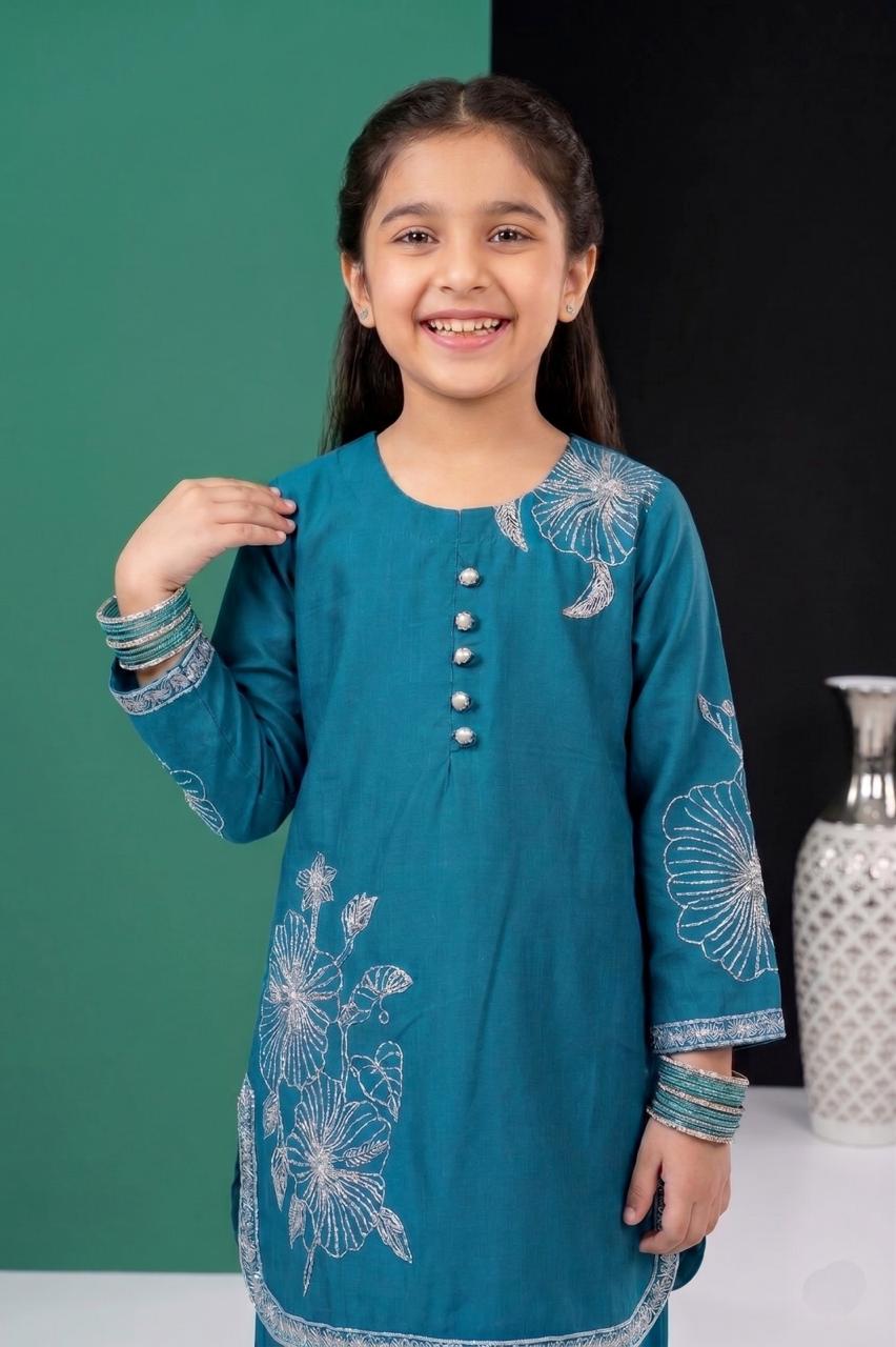 Pehnavaa Girls' Luxury Heavy Embroidered Cotton 2-Piece Suit – Festive Palazzo Set