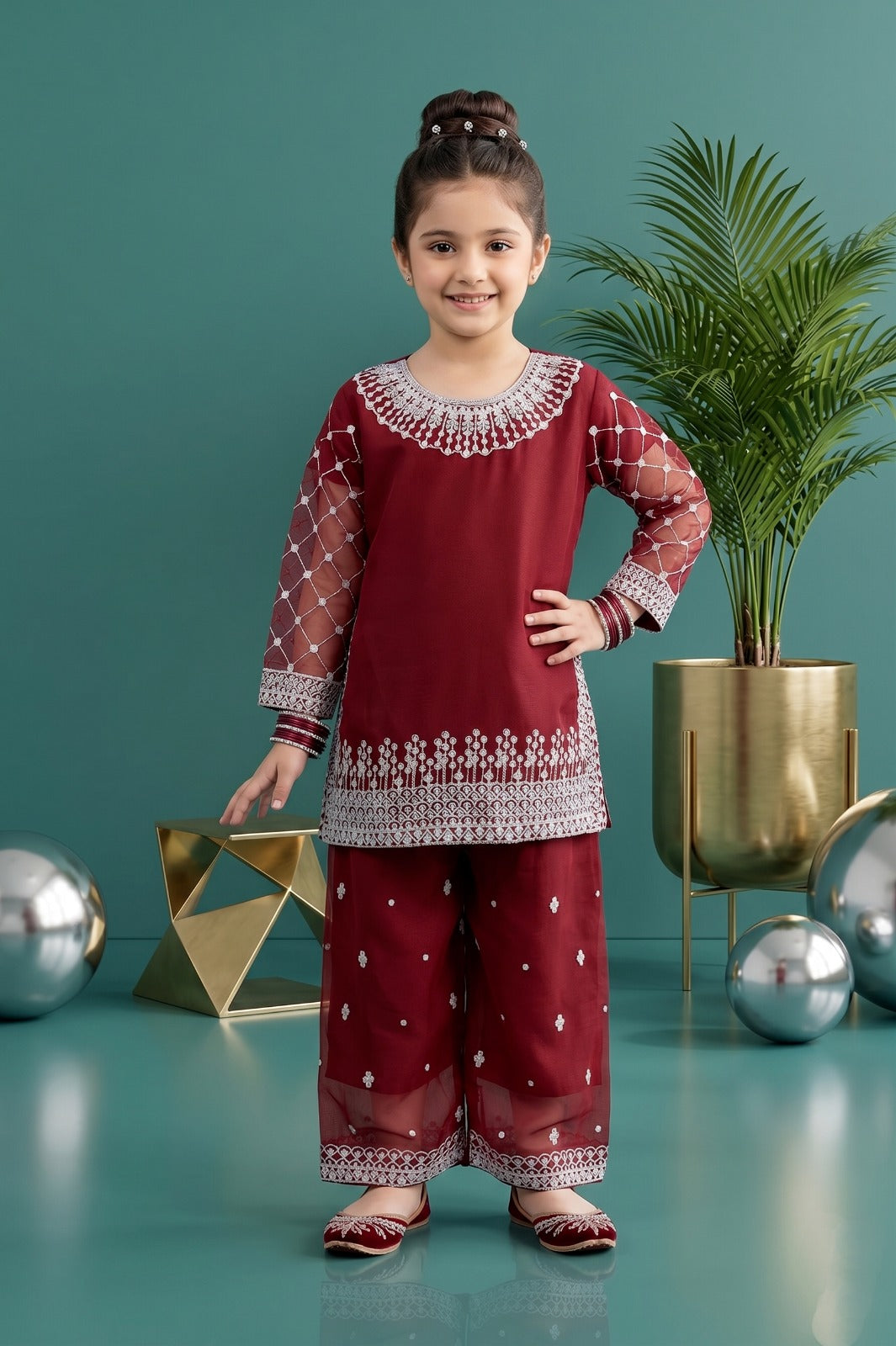 Pehnavaa Girls' Luxury Fancy Chiffon 2-Piece Suit – Embroidered Chiffon Sleeve Festive Collection