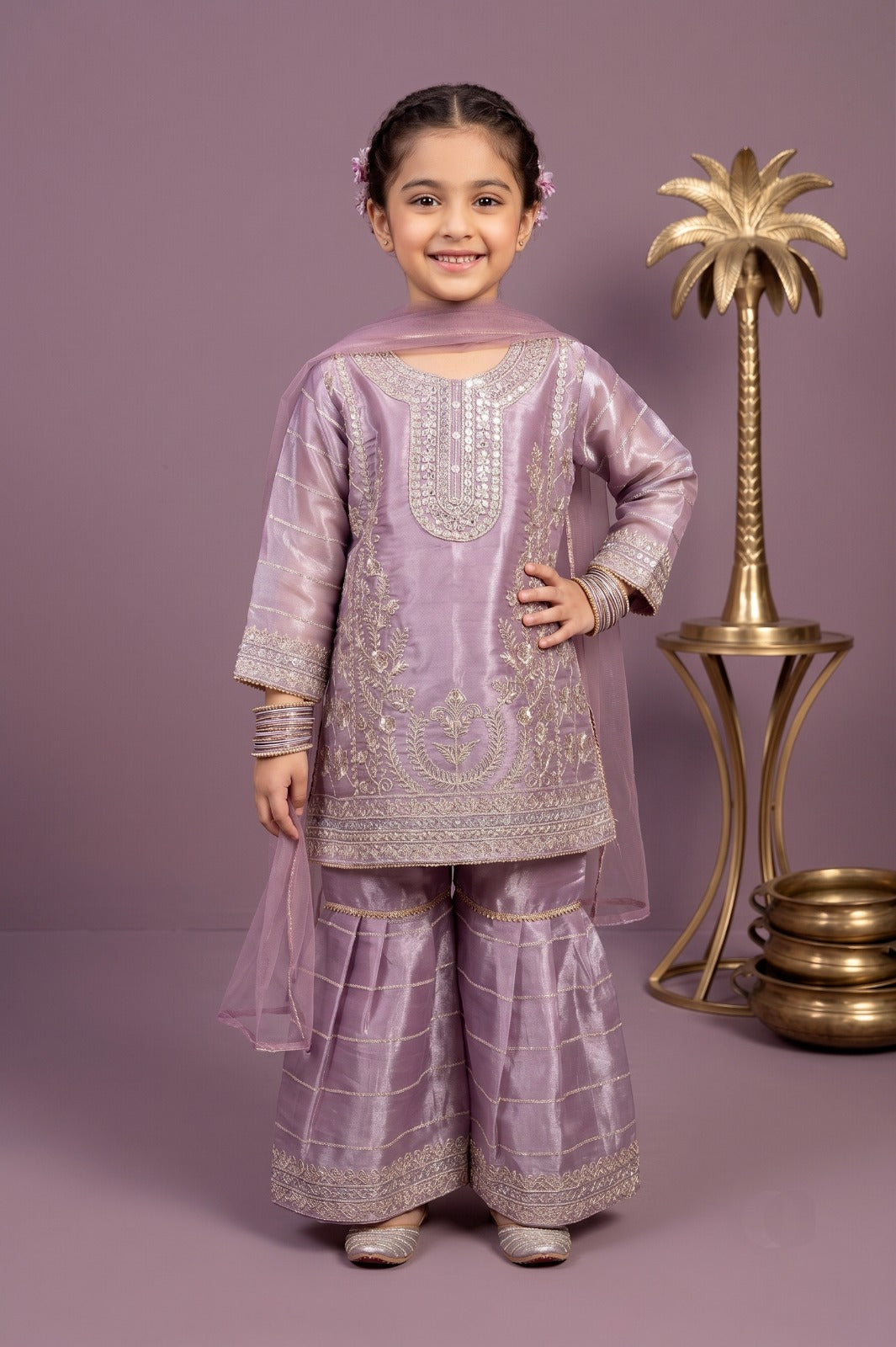 Girls Embroidered Shesha Silk Sharara Suit