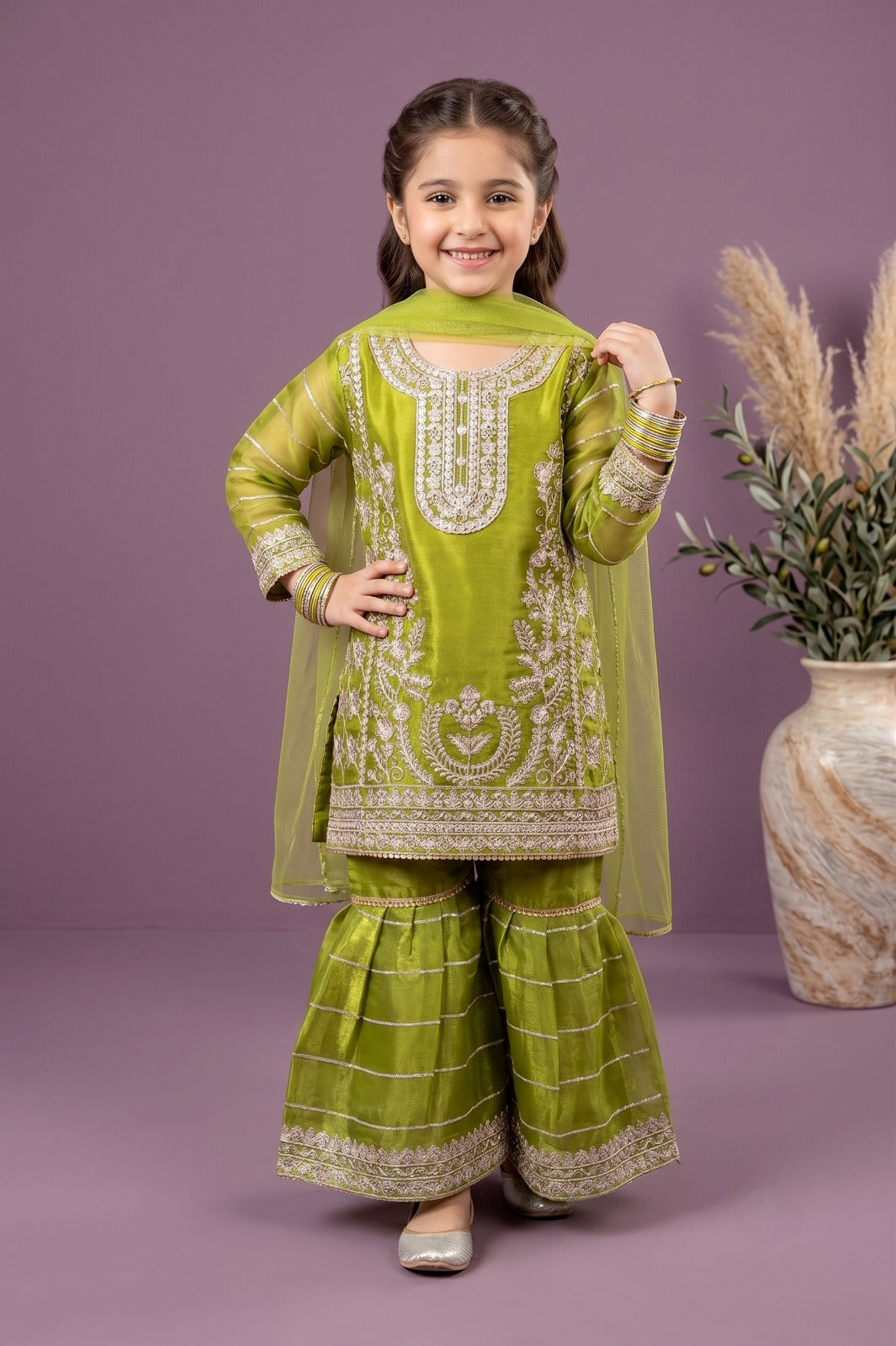 Girls Embroidered Shesha Silk Sharara Suit