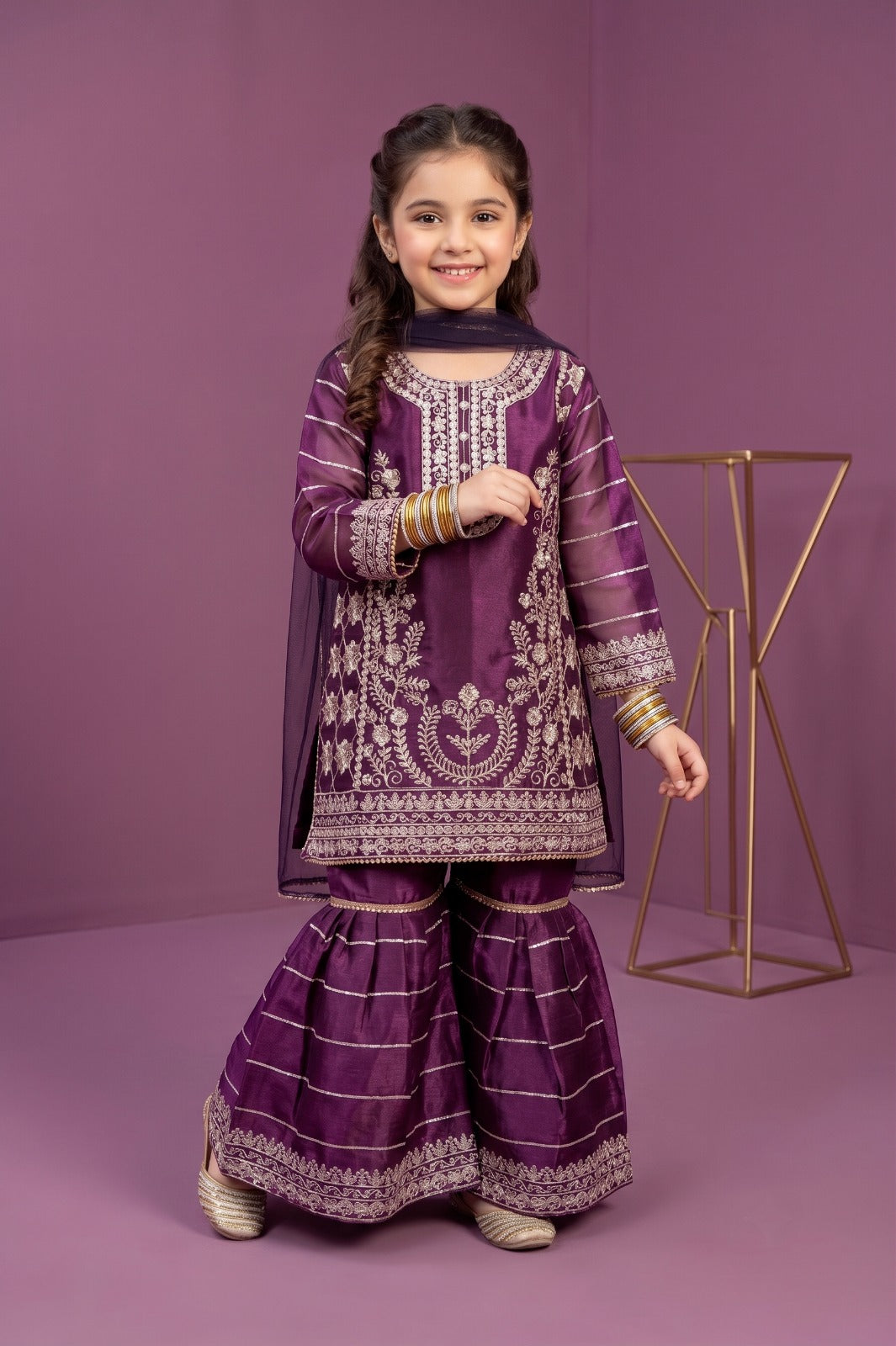 Girls Embroidered Shesha Silk Sharara Suit