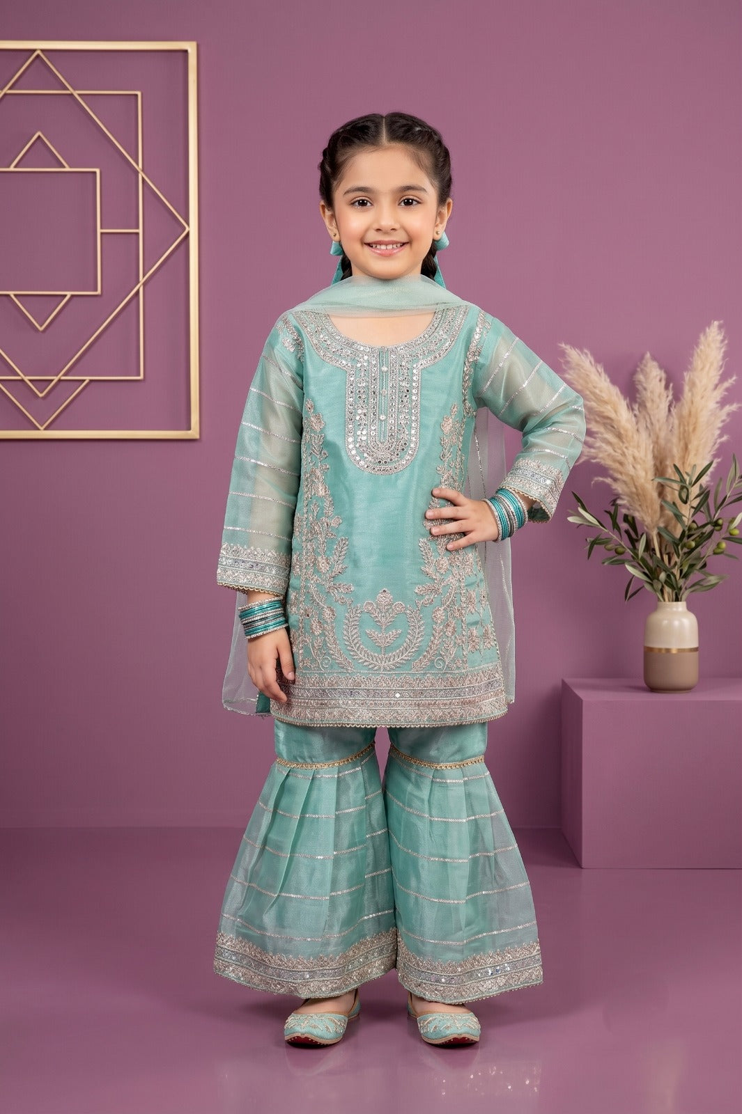 Girls Embroidered Shesha Silk Sharara Suit