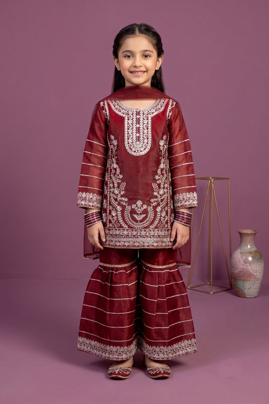 Girls Embroidered Shesha Silk Sharara Suit