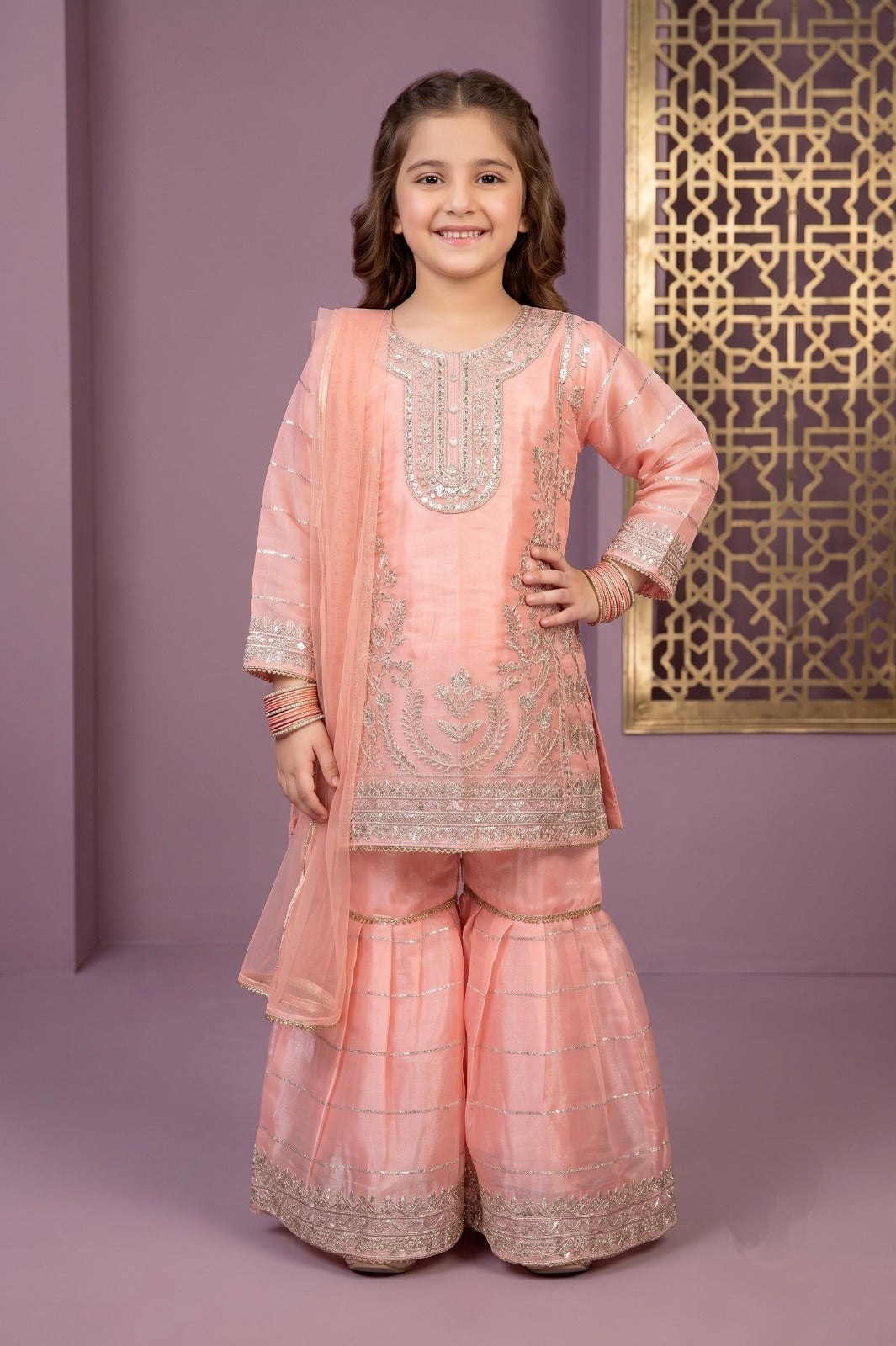 Girls Embroidered Shesha Silk Sharara Suit