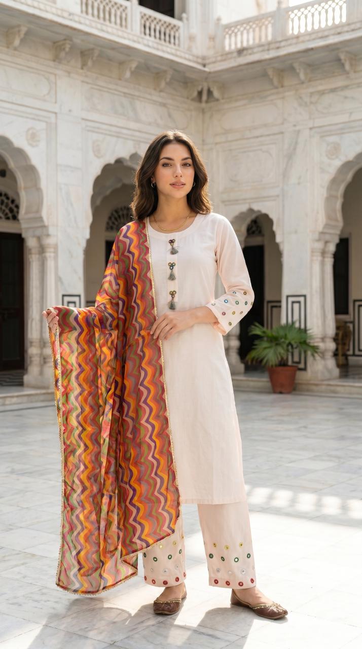 Premium Cotton Mirror Work Suit | 3-Piece Shalwar Kameez with Dupatta