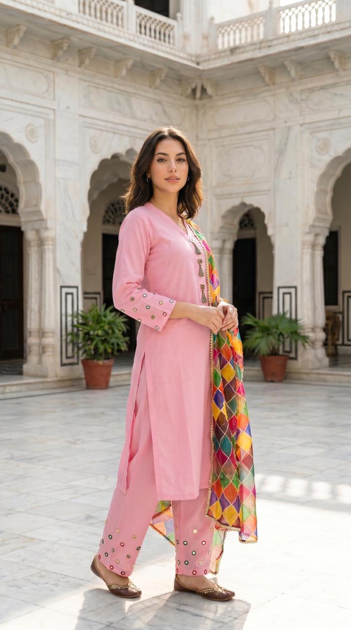 Premium Cotton Mirror Work Suit | 3-Piece Shalwar Kameez with Dupatta