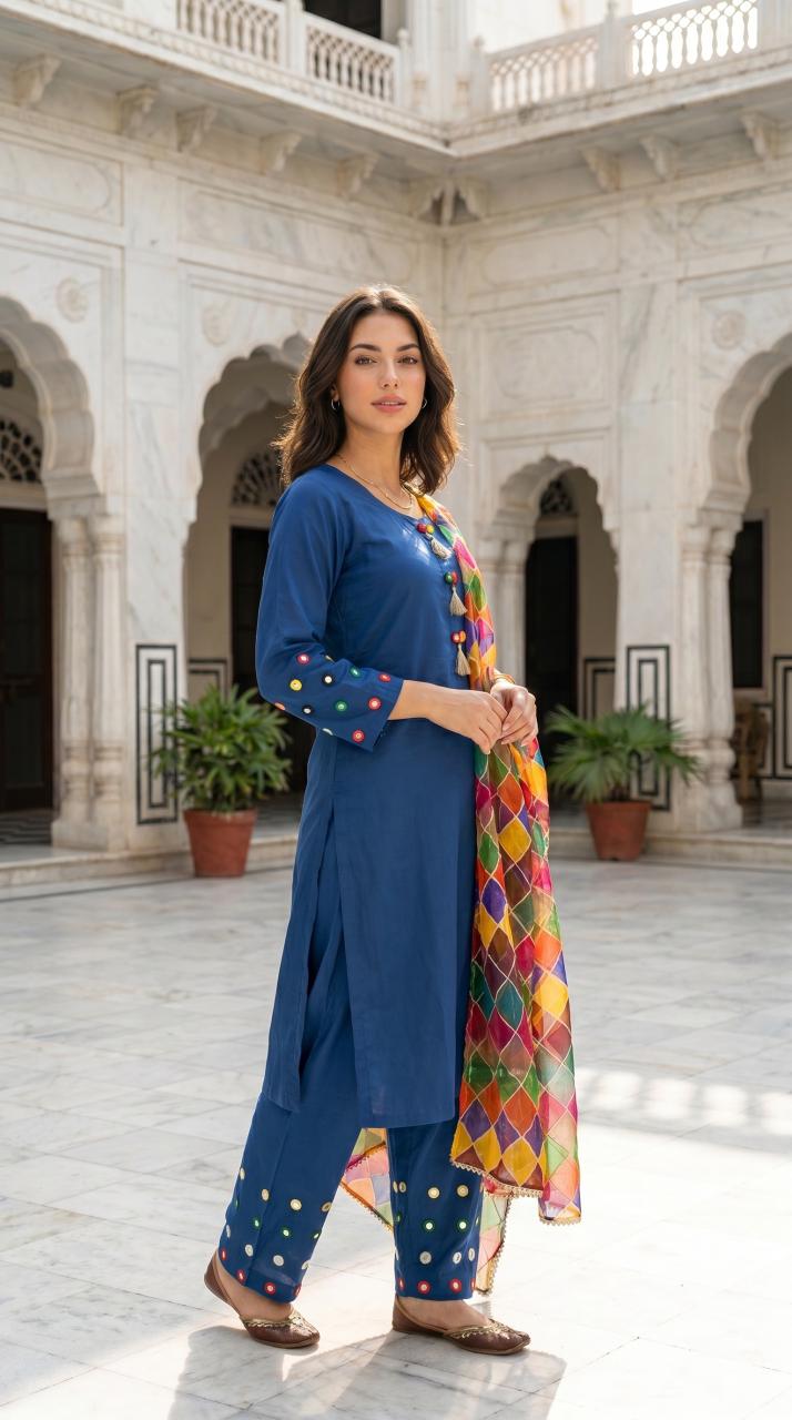 Premium Cotton Mirror Work Suit | 3-Piece Shalwar Kameez with Dupatta