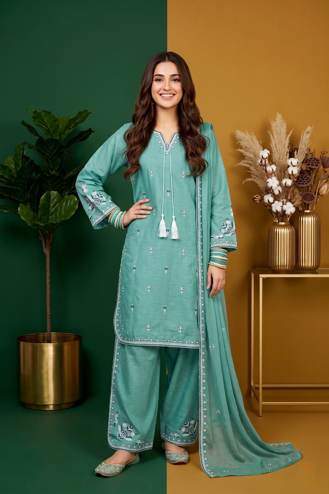 Embroidered Cotton 3-Piece Suit for Women | Kurta, Trouser & Dupatta