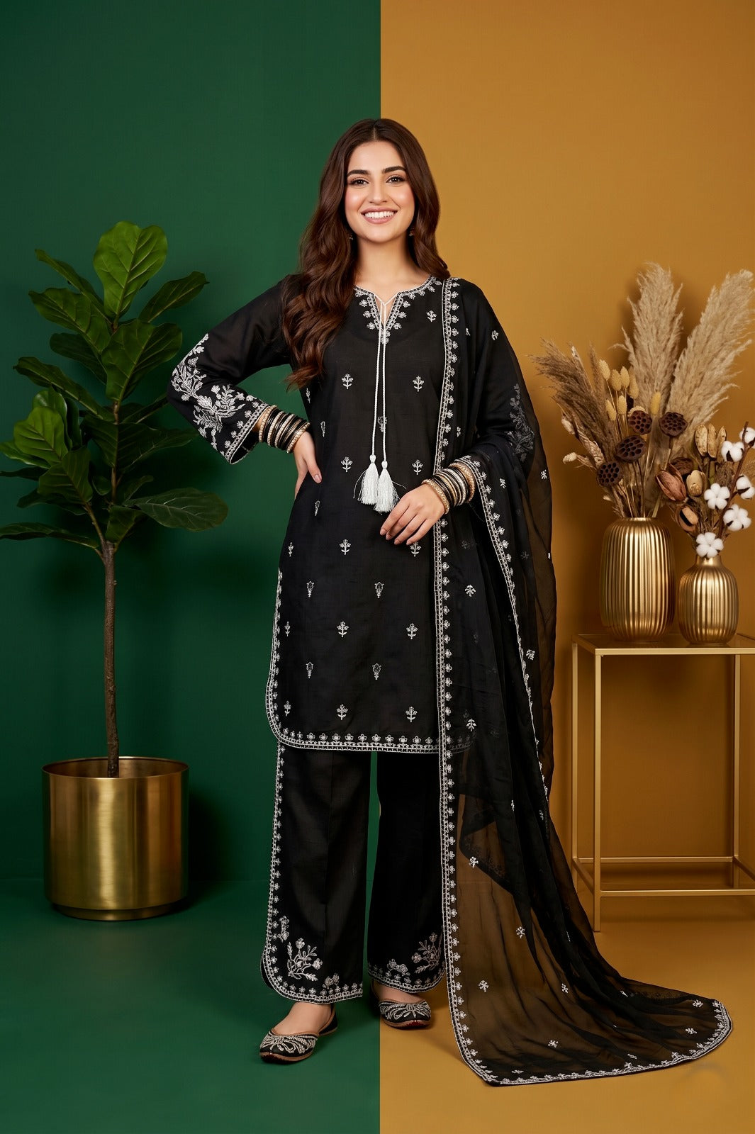 Embroidered Cotton 3-Piece Suit for Women | Kurta, Trouser & Dupatta