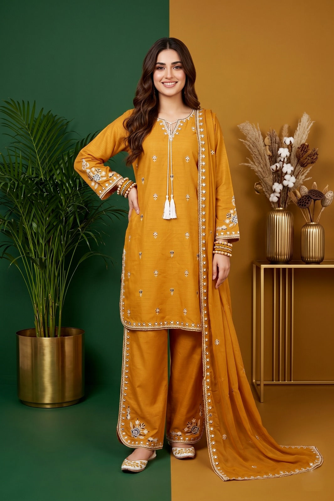 Embroidered Cotton 3-Piece Suit for Women | Kurta, Trouser & Dupatta