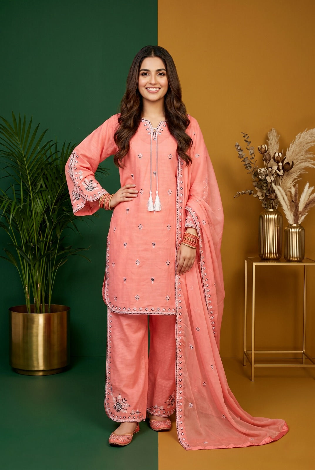 Embroidered Cotton 3-Piece Suit for Women | Kurta, Trouser & Dupatta