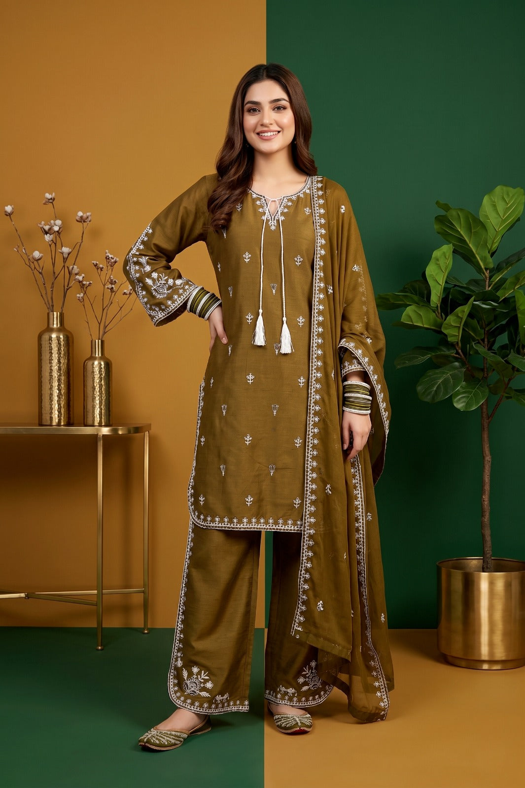 Embroidered Cotton 3-Piece Suit for Women | Kurta, Trouser & Dupatta
