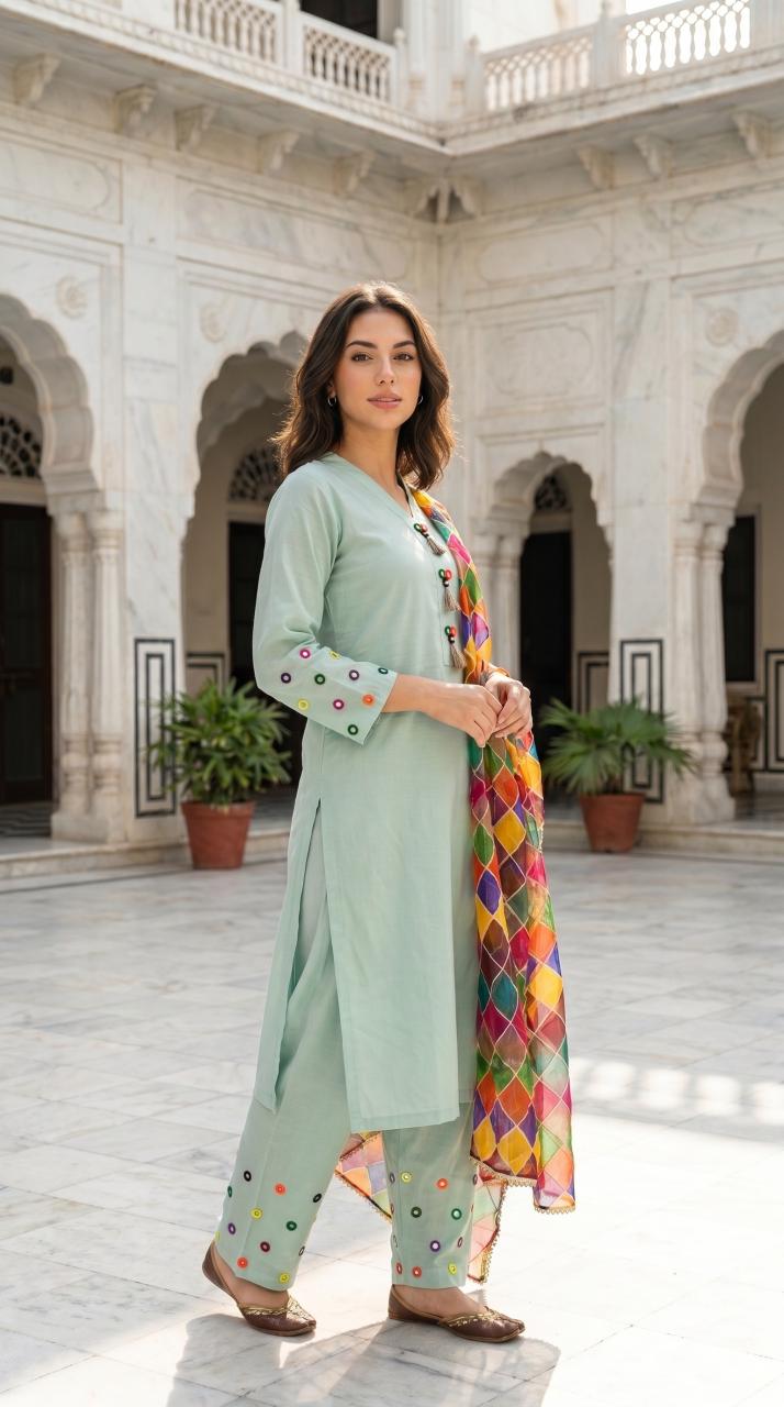 Premium Cotton Mirror Work Suit | 3-Piece Shalwar Kameez with Dupatta