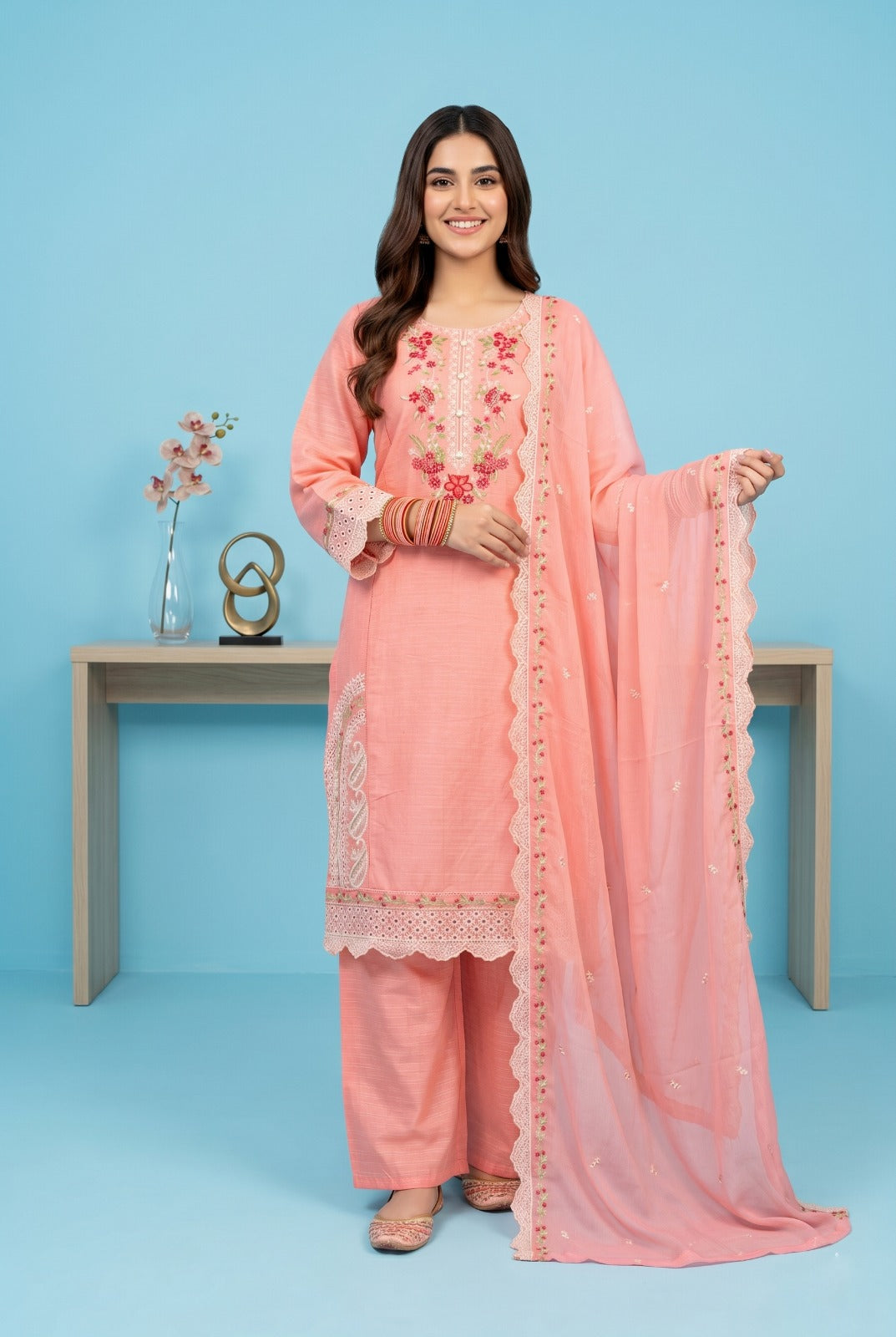 Pehnavaa Premium Embroidered 3-Piece Lawn Suit With Chiffon Embroidery Dupatta
