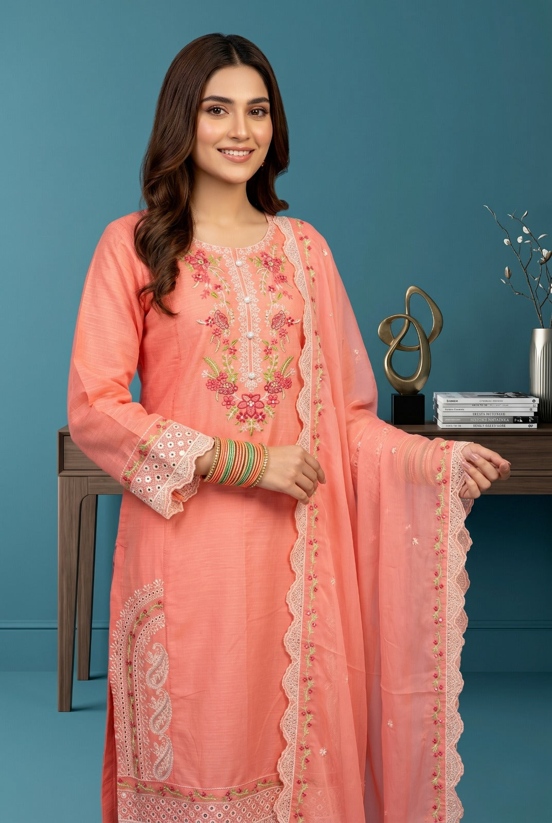 Pehnavaa Embroidered 3-Piece Suit in Peach