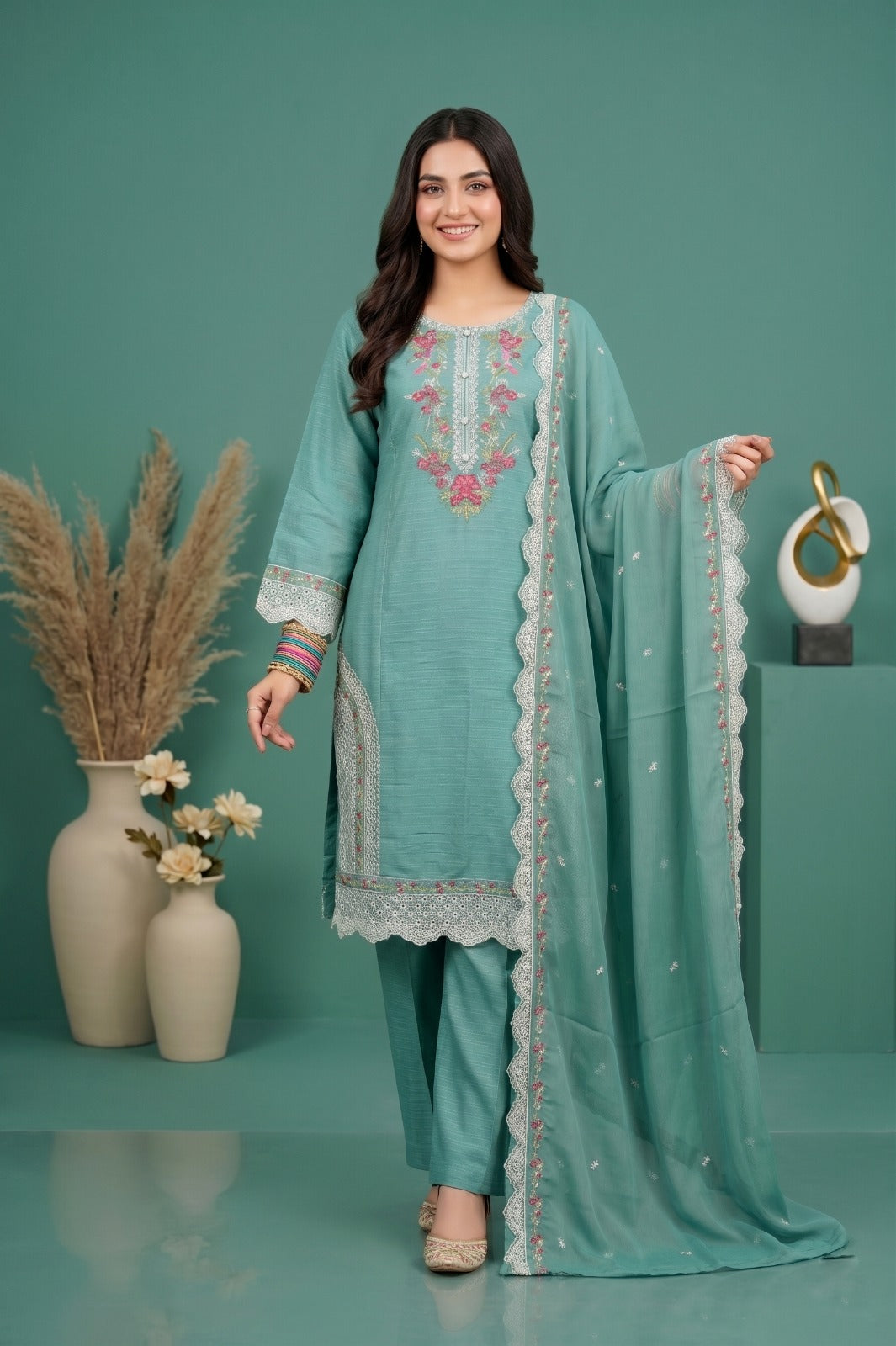 Pehnavaa Embroidered 3-Piece Suit in Pistasho