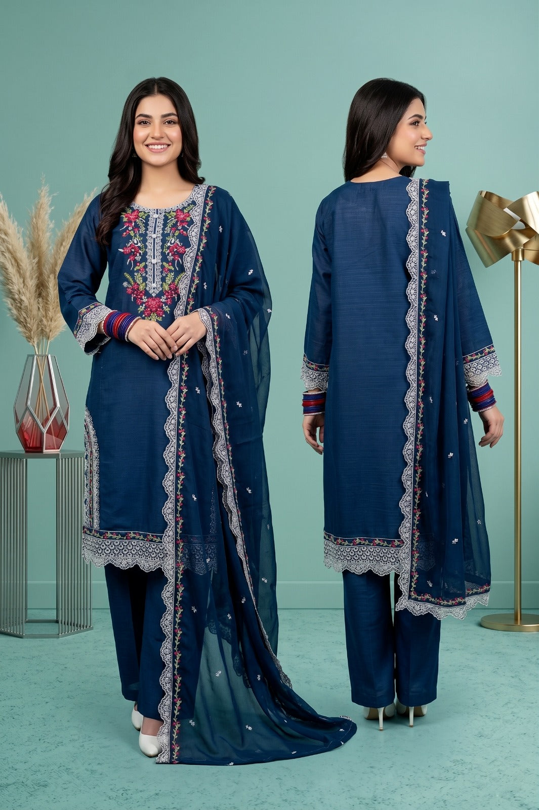 Pehnavaa Embroidered 3-Piece Suit in Navy Blue