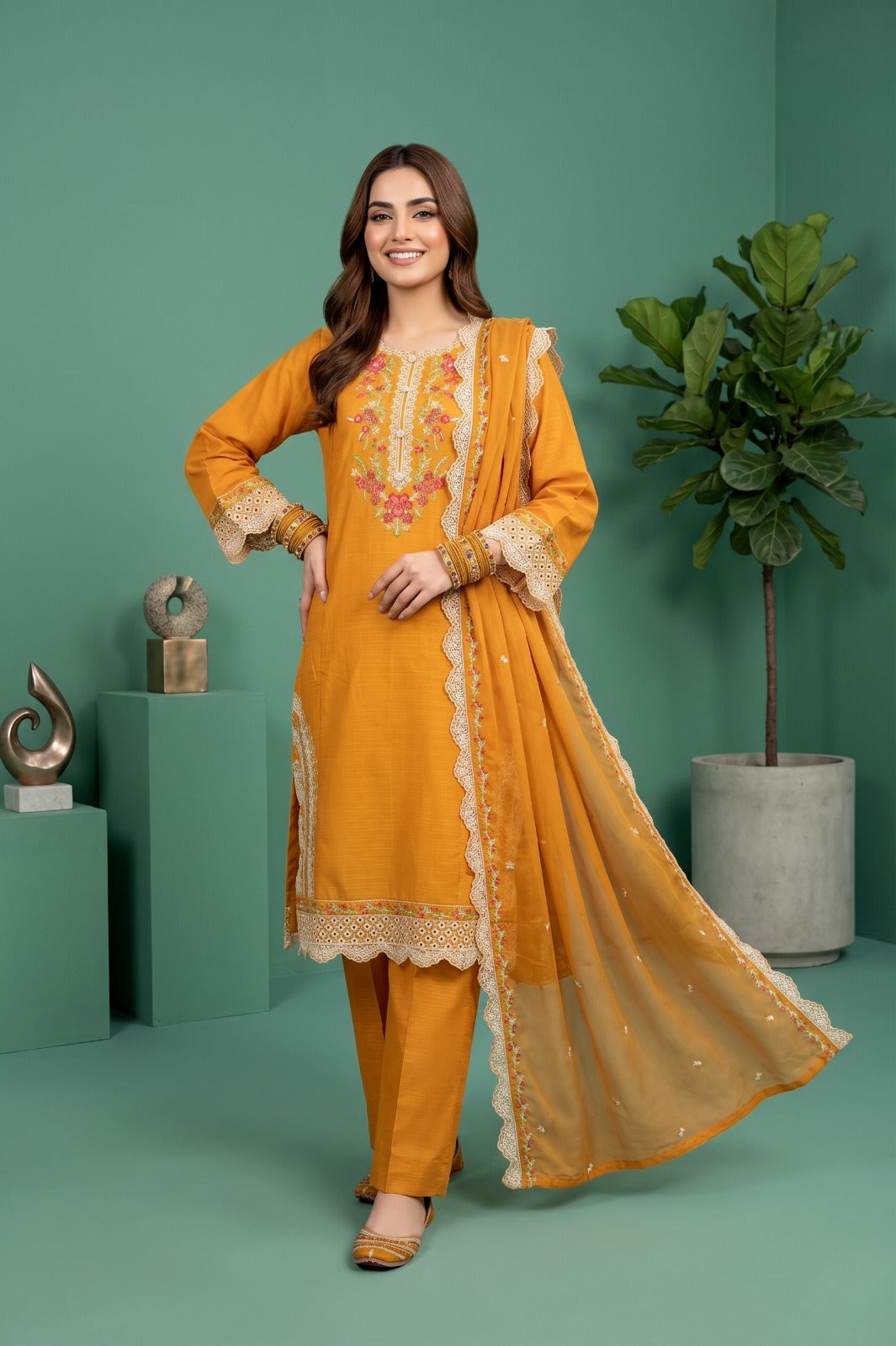 Pehnavaa Embroidered 3-Piece Suit in Mustered