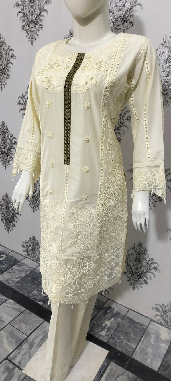 Cream Embroidered Ladies suit with a Floral Chiffon Dupata