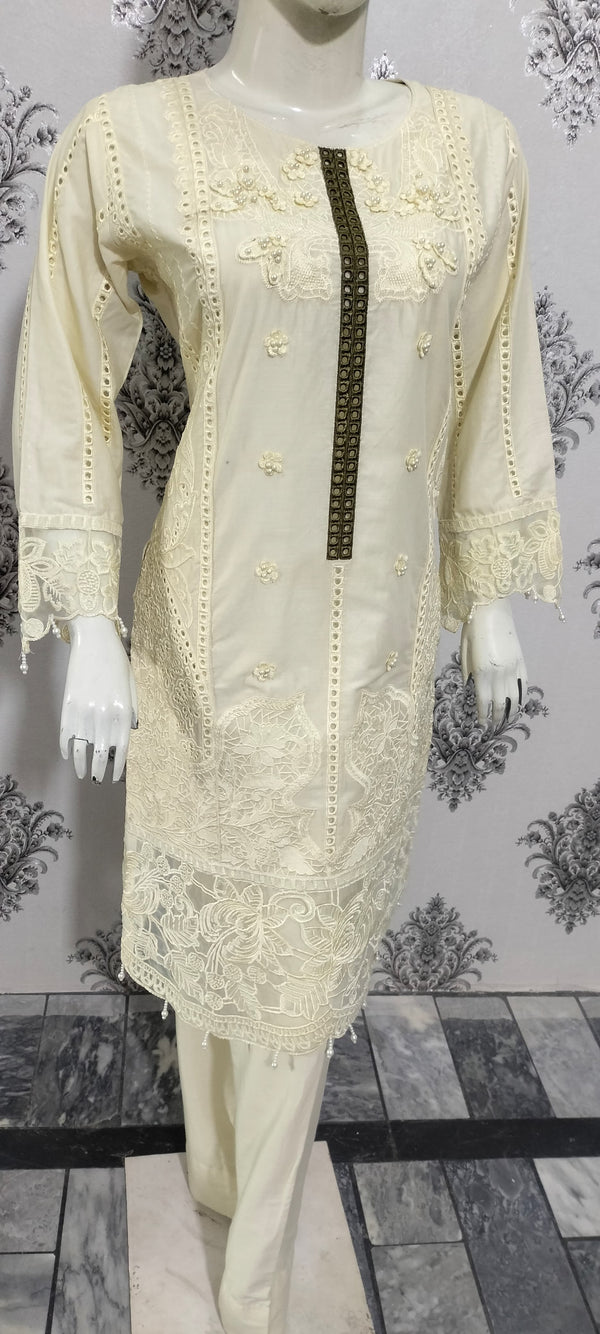 Cream Embroidered Ladies suit with a Floral Chiffon Dupata