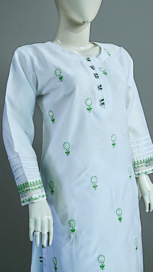 White Ladies Suit with Green Embroidery 2 PC Kurta Style AZAADI SALE