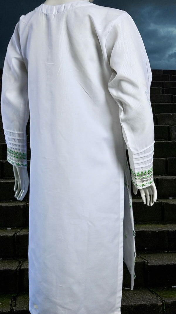 White Ladies Suit with Green Embroidery 2 PC Kurta Style AZAADI SALE