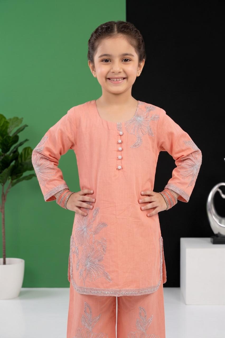 Pehnavaa Girls' Luxury Heavy Embroidered Cotton 2-Piece Suit – Festive Palazzo Set
