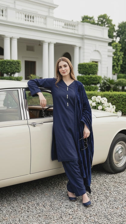 Winter Dhanak suit with Palachi velvet shawl 3-Pcs