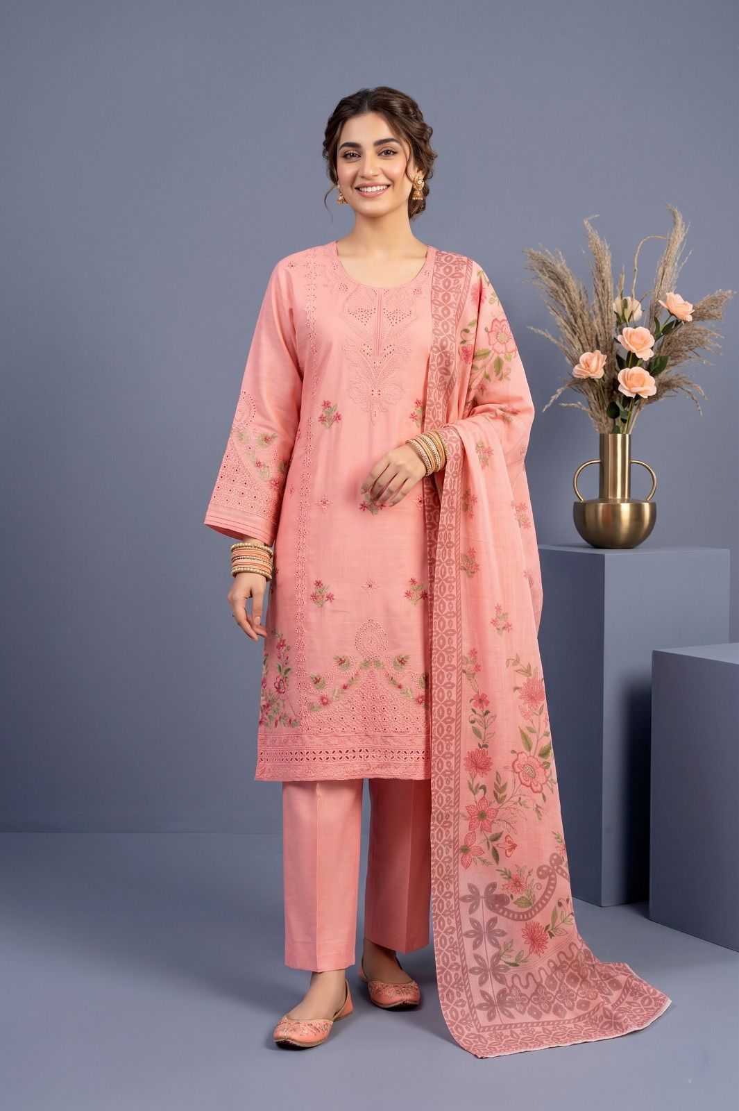 Peach Blossom - Embroidered Cotton 3-Piece Suit