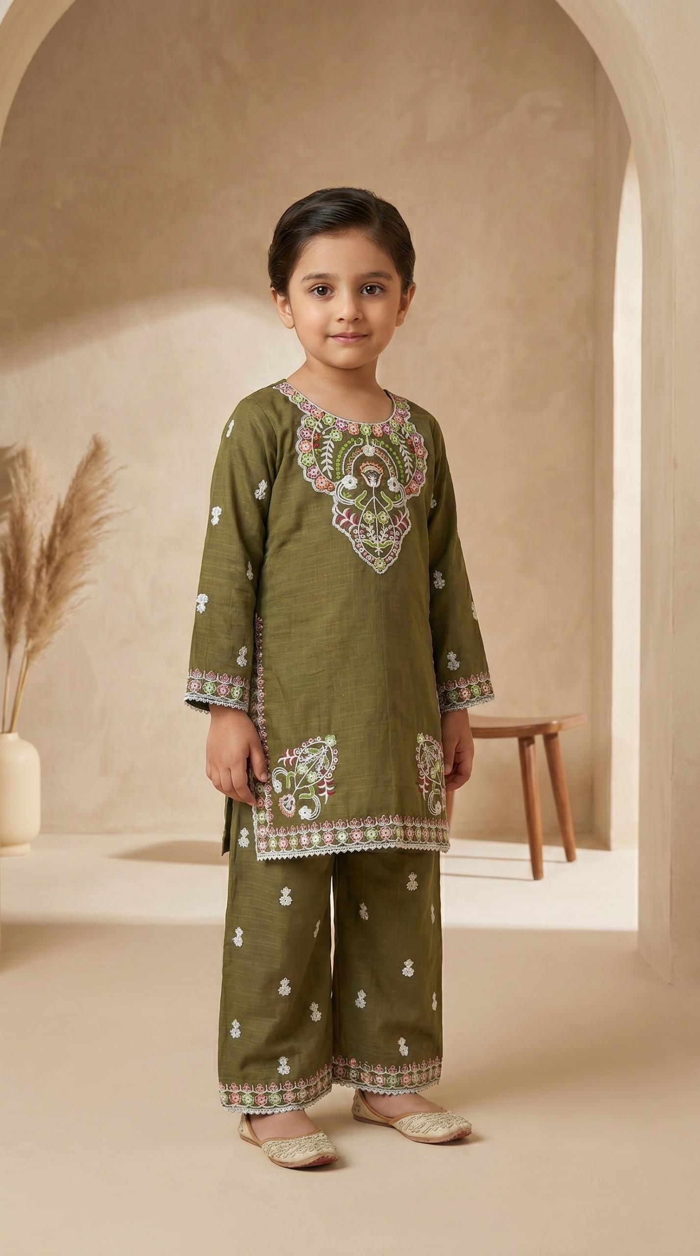 2 Piece Cotton Girls Suit – Embroidered Kids Dress | Pehnavaa