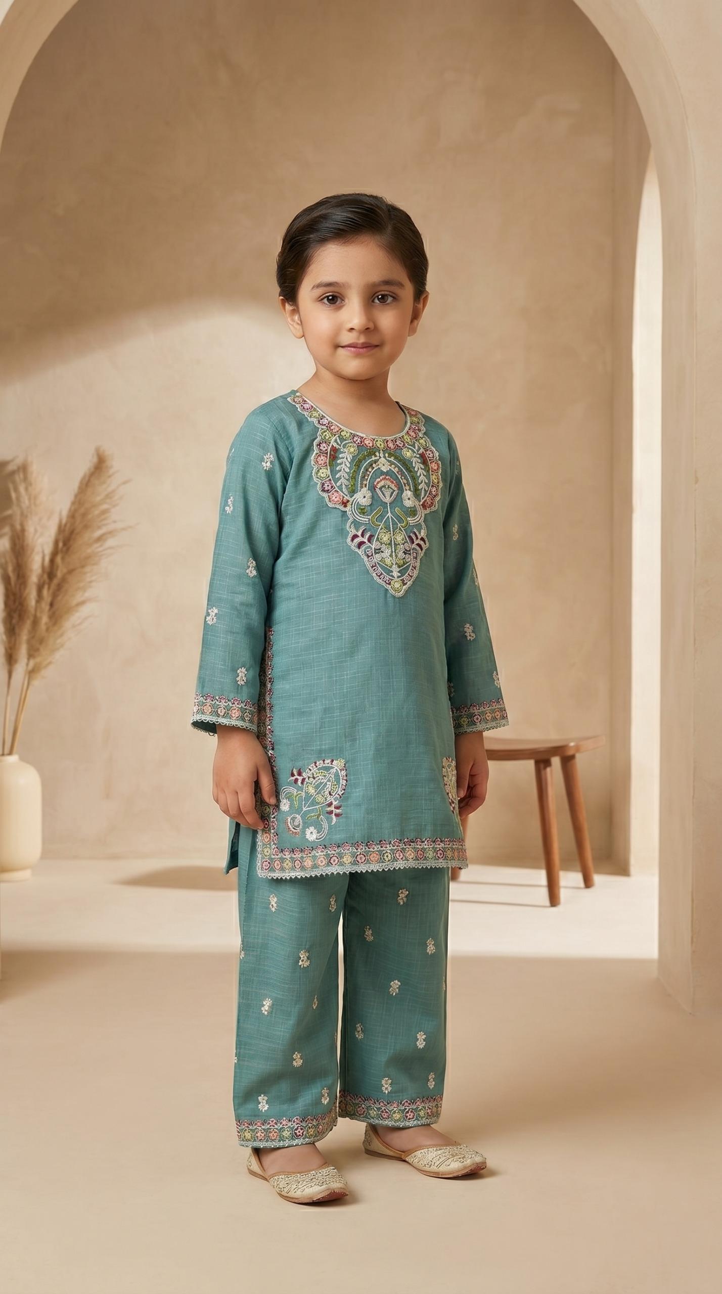 2 Piece Cotton Girls Suit – Embroidered Kids Dress | Pehnavaa
