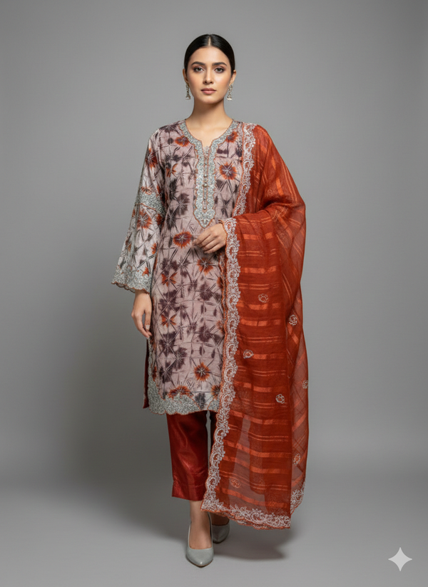 FANCY PRINTED 3PC SHEESHA SILK DRESS EMBROIDERY CHIFFON DUPATTA PLAIN SILK TROUSER