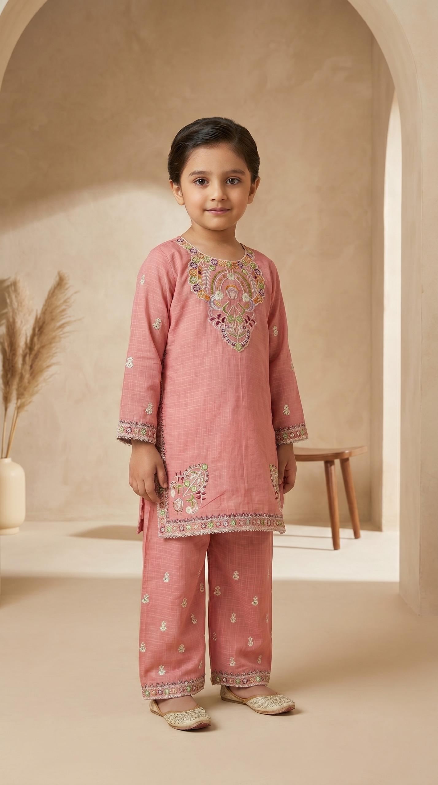 2 Piece Cotton Girls Suit – Embroidered Kids Dress | Pehnavaa