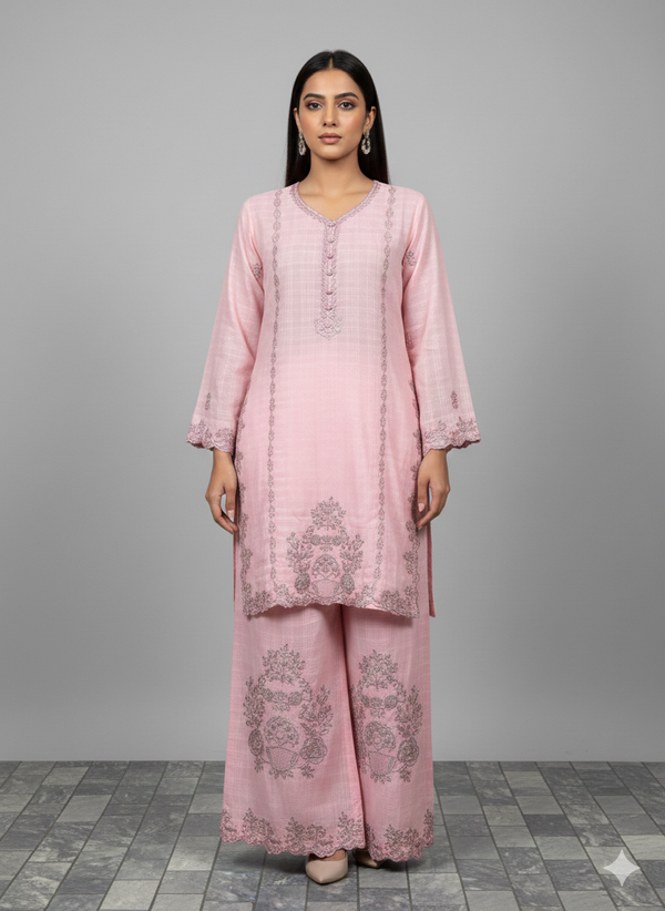 2PC WINTER COTTON EMBROIDERED DRESS