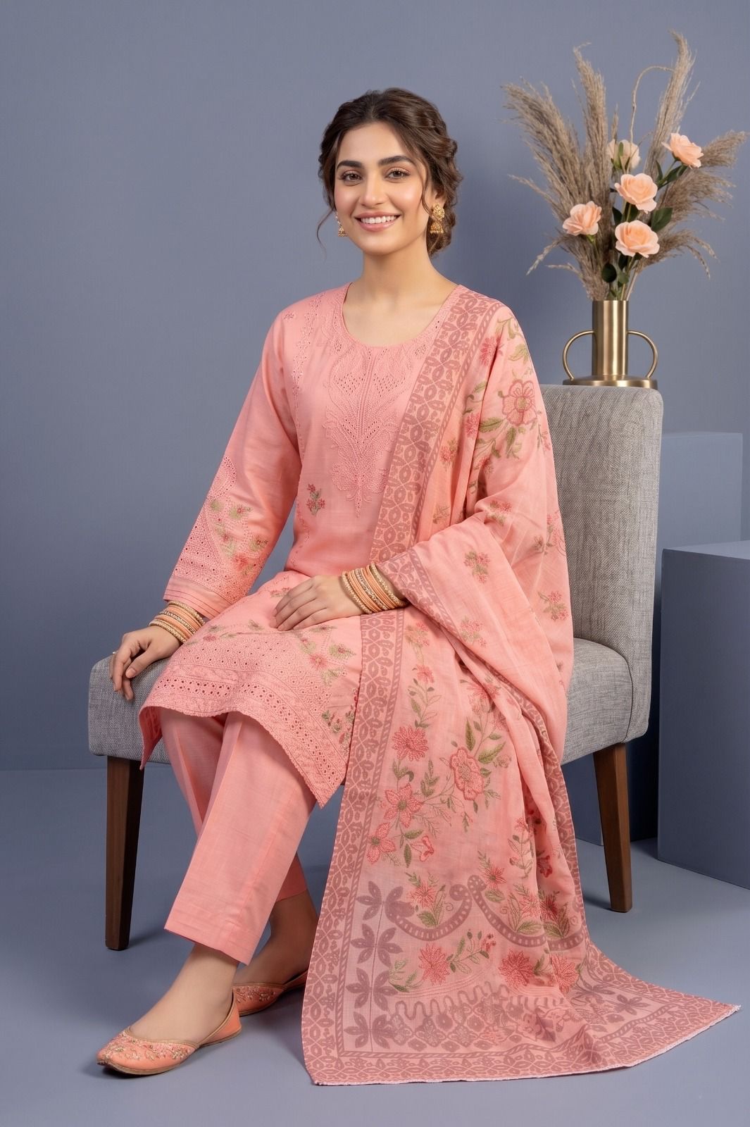 Peach Blossom - Embroidered Cotton 3-Piece Suit